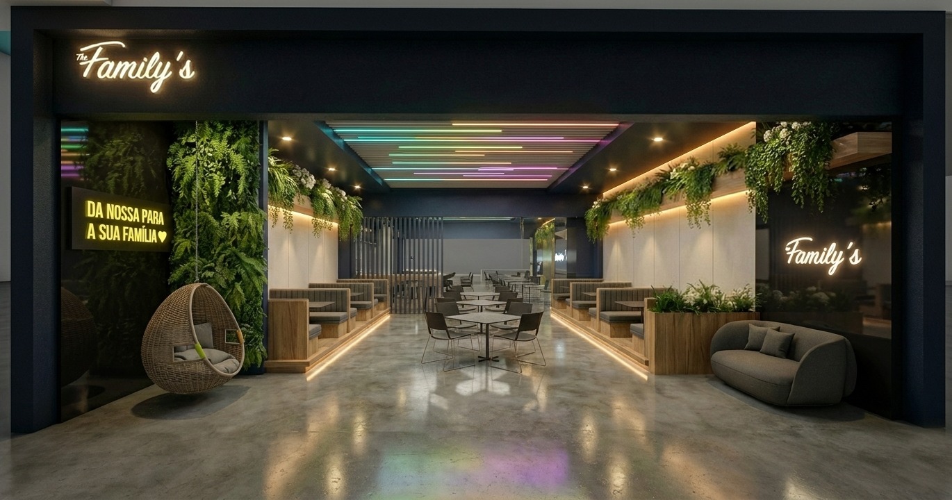 Interior do The Family's Sorocaba com iluminacao neon colorida, mesas de madeira e sofas estofados